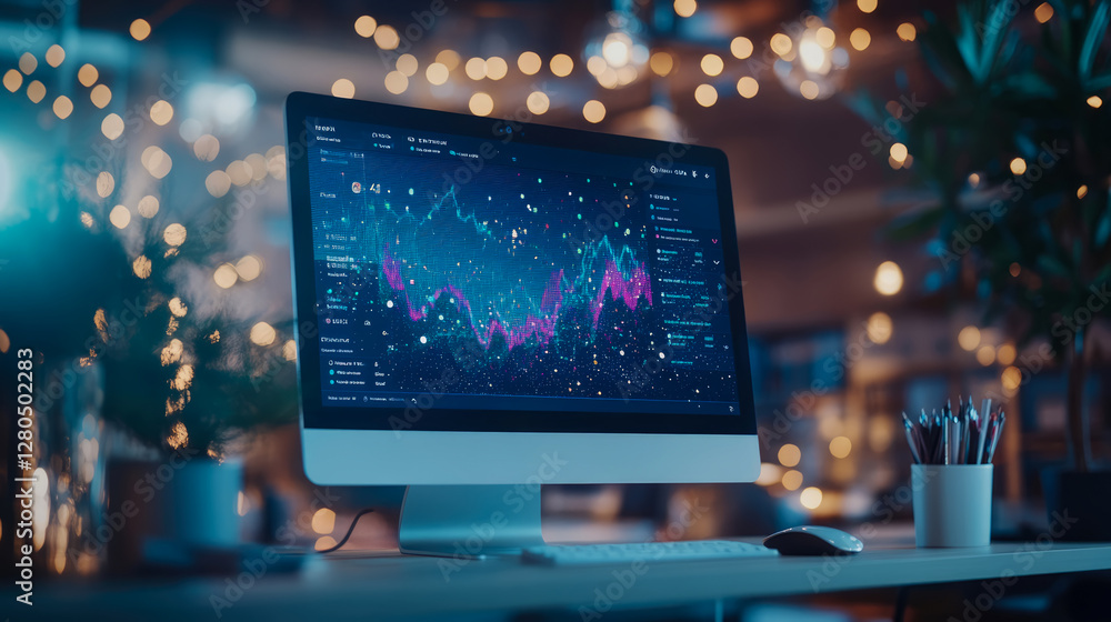 Analytical dashboard on a computer screen displaying stock market charts and financial data analysis Analytical dashboard on a computer screen displaying stock market charts and financial data analysis