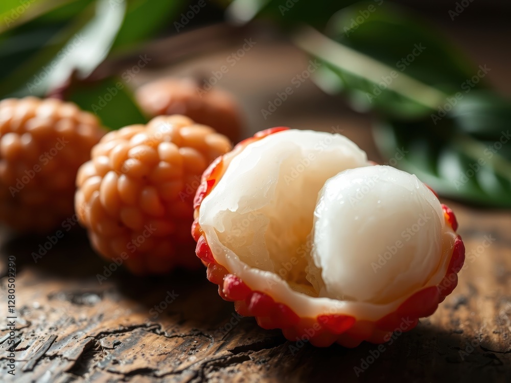 Close up of lychee fruit on wooden surface Close up of lychee fruit on wooden surface