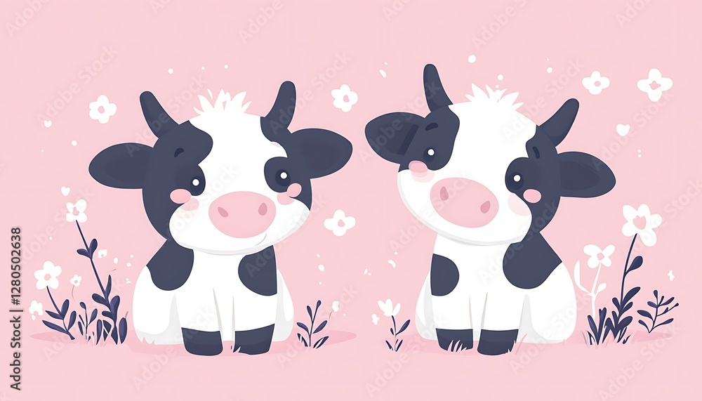 Obraz premium Cute cows, sitting, floral meadow, happy background