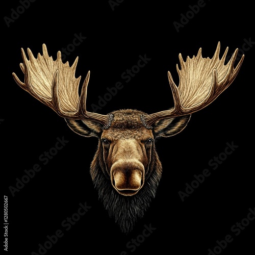 Detailed Digital Art of a Brown Moose Head with Large Antlers Against a Solid Black Background View photo