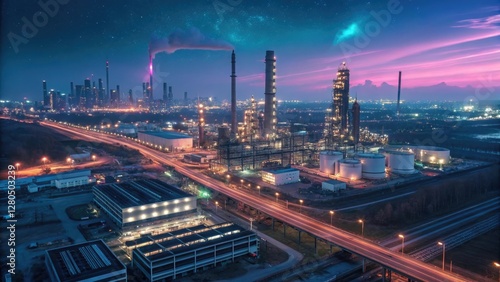 Wallpaper Mural Aerial View of an Industrial Complex at Night with Vibrant Sky and Emissions in Urban Setting Torontodigital.ca