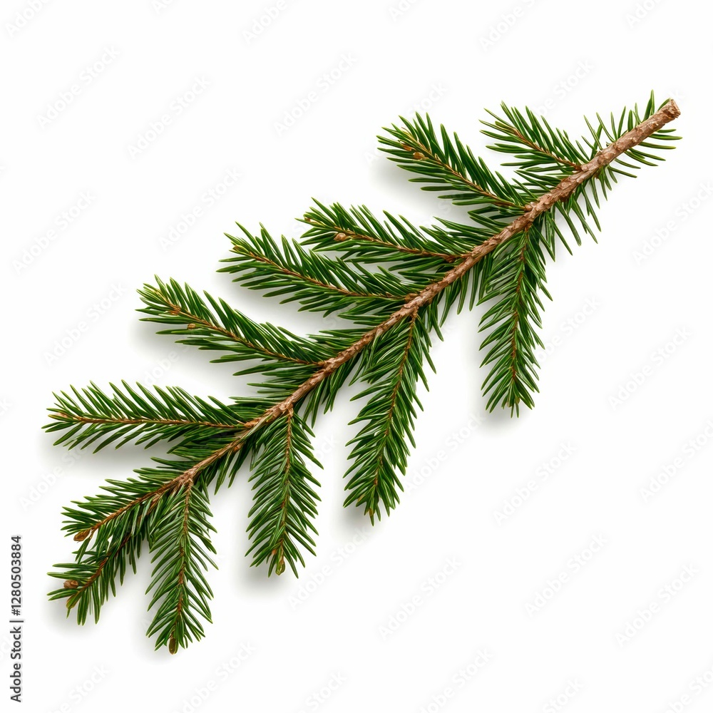 Obraz premium Fresh Green Spruce Branch Against White Background Still Life Decorative Evergreen Foliage Ornament