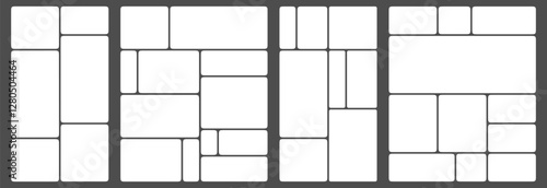 White grid template design, bento box photo frame collage layout. Light mood board mockup horizontal banner. Puzzle mosaic blocks for picture gallery page. Flat graph y2k dashboard presentation slide