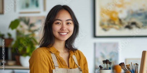 A young woman smiles in a bright creative space filled with art supplies. She embodies joy and creativity. This is a portrait of an artist ready to create. Standard image format. AI