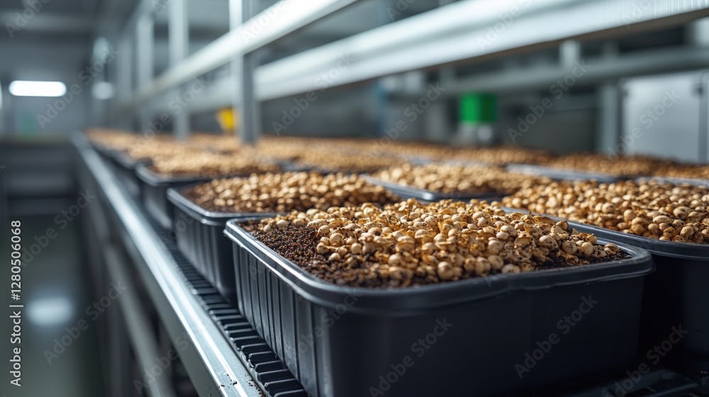 Rows of trays with dark compost growing mushroom spores in a clean facility Rows of trays with dark compost growing mushroom spores in a clean facility