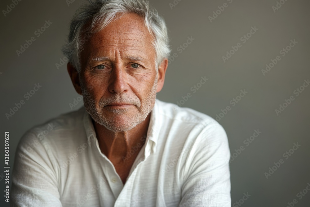 Portrait of a thoughtful senior man with gray hair and a serious expression, wearing a white shirt. Portrait of a thoughtful senior man with gray hair and a serious expression, wearing a white shirt.