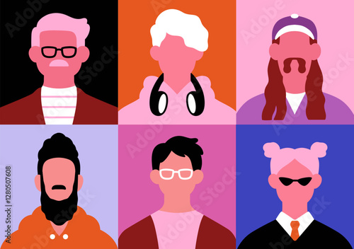 Modern male face avatars. Abstract head portraits grid. User profiles of diverse men characters. Old and young people in glasses, cap, with headphones, mustache and beard. Flat vector illustration