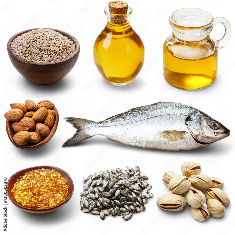 Obraz premium Healthy foods rich in omega-3: fish, nuts, seeds, and oils displayed
