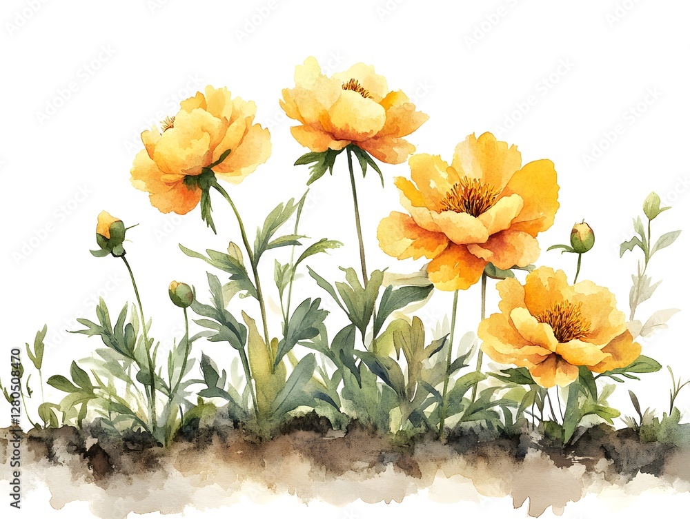watercolor yellow peonies flowerbed. Generative AI watercolor yellow peonies flowerbed. Generative AI