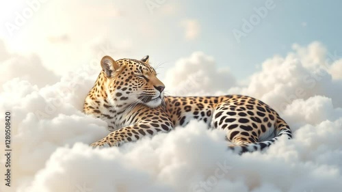 Resting Jaguar Lying Calmly on Cloudscape Dreamy Fantasy Background