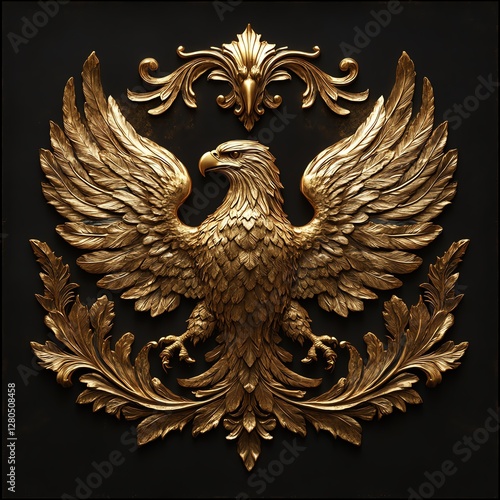 Golden eagle emblem on decorative black background. photo