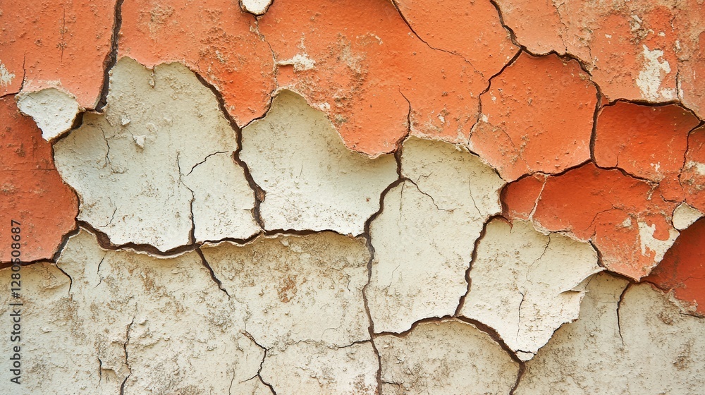 Obraz premium Cracked orange and beige weathered wall texture with peeling paint detail