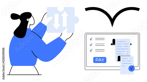 Woman holding puzzle piece with arrows facing monitor, checklist, pay button, and receipts. Ideal for e-commerce, financial solutions, online payments, digital transactions, business operations