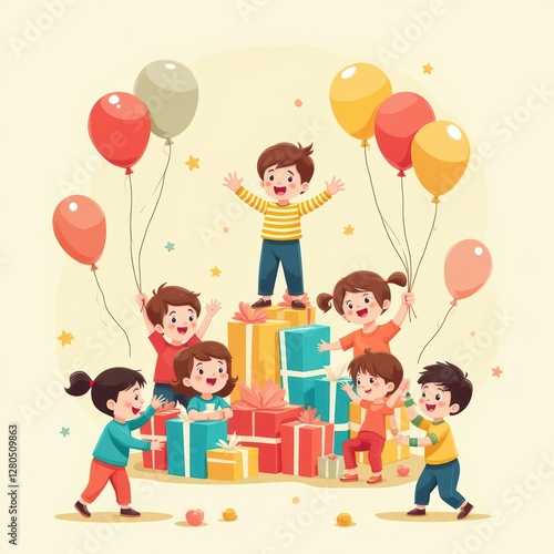 A fun birthday party illustration with kids holding balloons and a birthday cake, celebrating joyfully with smiles, capturing the essence of childhood happiness and family love