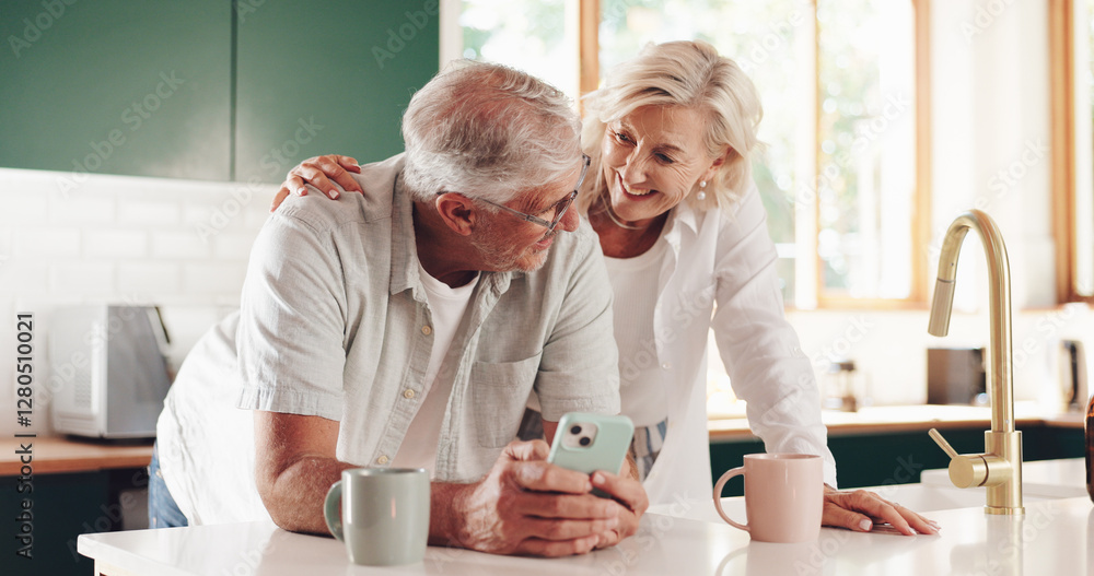 Obraz premium Planning, phone and smile with old couple in kitchen for retirement fund, social security benefits or news. Senior discount, membership application or update with people at home for annuity sign up