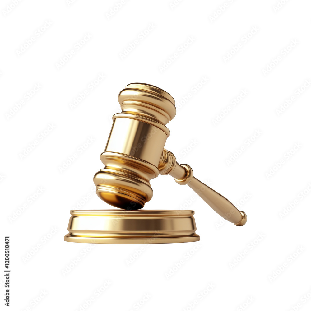 Gleaming golden gavel displayed at an angle on a matching base in the foreground Gleaming golden gavel displayed at an angle on a matching base in the foreground