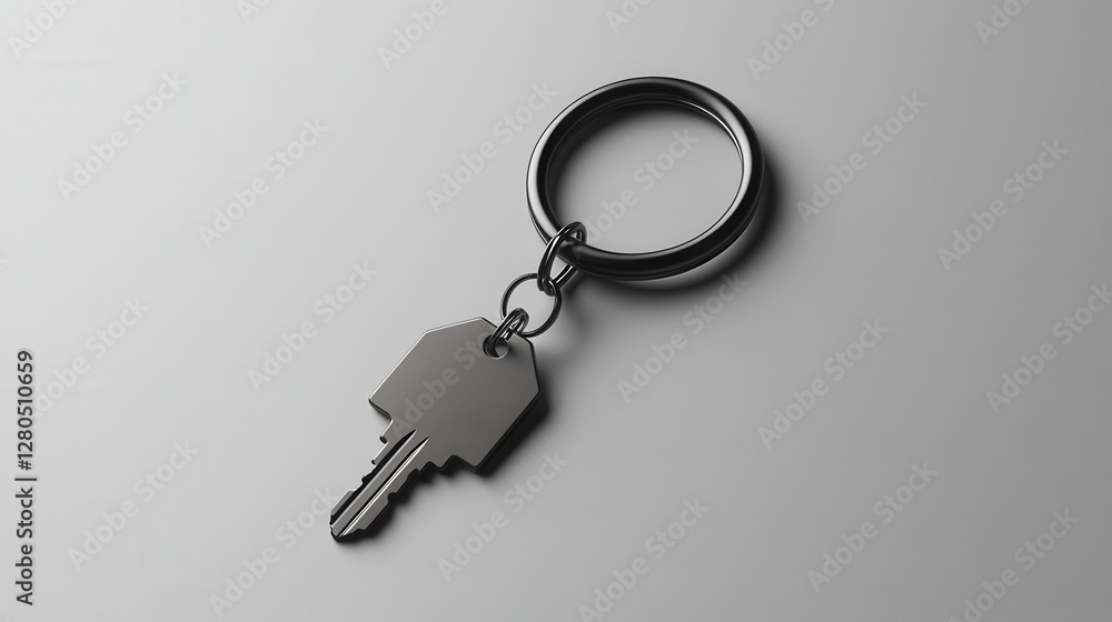 Black Key on Silver Keyring Isolated on Grey Background Black Key on Silver Keyring Isolated on Grey Background