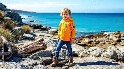 Wallpaper Mural Smiling Boy Standing on Rocky Shoreline Near Turquoise Water Torontodigital.ca