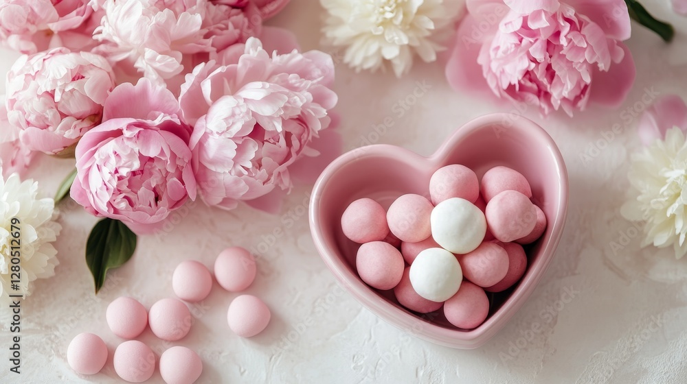 Obraz premium Pink and white candy in heart-shaped bowl with peony blossoms on textured surface