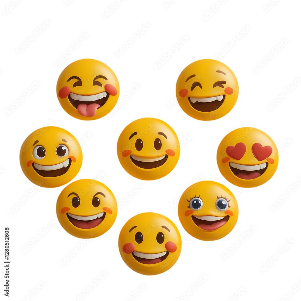 Fototapeta premium Cute Emoji Faces: Smiley, Winky, Heart & More isolated on transparent background