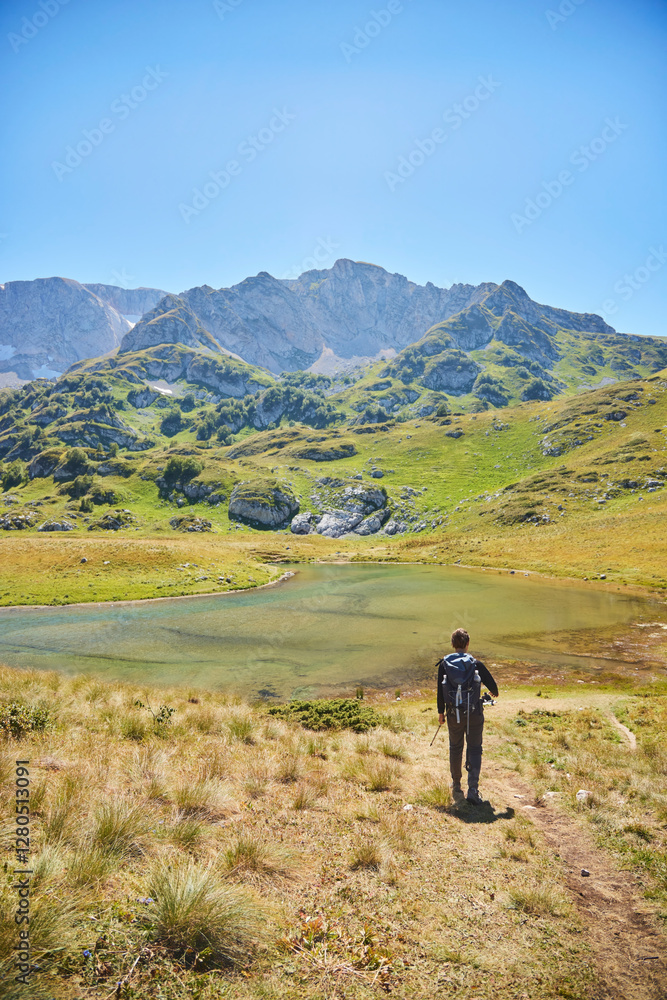 Obraz premium The Caucasian Biosphere Reserve. Tourism and outdoor recreation. A tourist goes hiking