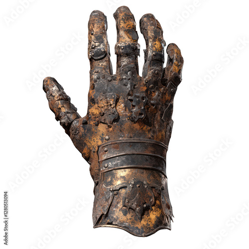 Rusty and cursed medieval gauntlet isolated on transparent background photo