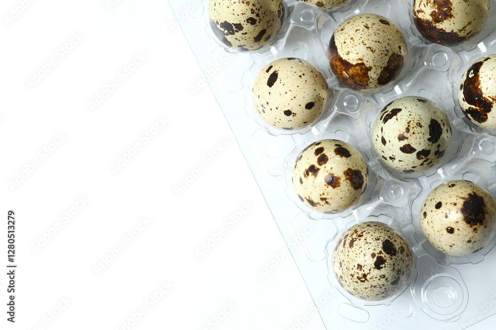 Quail eggs in container on a light background Quail eggs in container on a light background