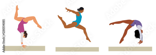 Set of different Girl gymnasts doing exercise, jumping on balance beam. Performance of artistic gymnast at the competition. Young Sportswomen in sports colorful swimsuit. Vector illustration isolated.