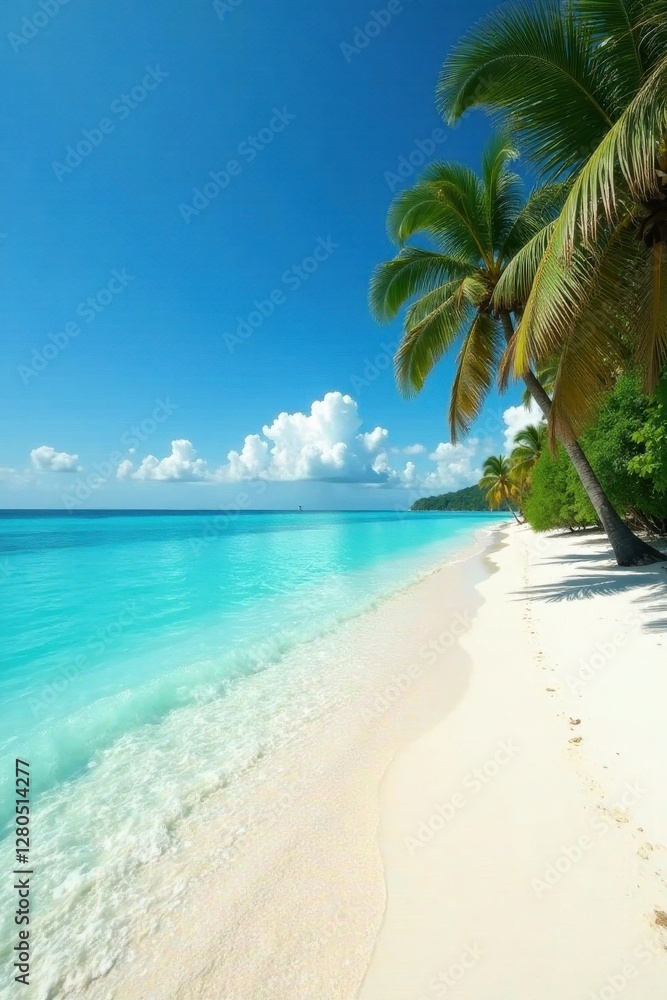 Azure water laps white sand, palm trees sway in gentle breeze , holiday, palms Azure water laps white sand, palm trees sway in gentle breeze , holiday, palms