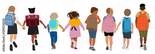Set of school children, boys, girl going to elementary, primary school vector illustration isolated on transparent background. Happy pupils walking with backpacks rear view. Back to school concept.