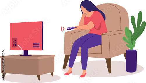 One Bored Woman On Couch Sitting Alone In Front Of TV, Watching Television’s Show At Home While Switching Channels With Remote Control.