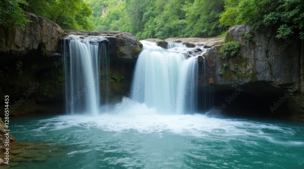 Obraz premium Waterfall Cascading Down Rocky Cliffs