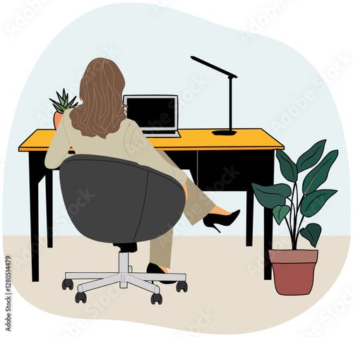 Business woman sitting at the desk in arm chair back view. Pretty lady boss working in comfortable office workplace. Cartoon female character rear view. Vector flat illustration.