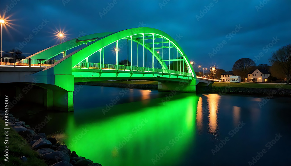 Obraz premium Vibrant Green Lights Reflecting on the River Suir, Bridge over the river Great Ouse, Bedford, created with generative ai