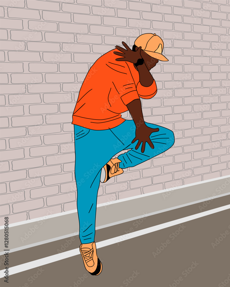 Fototapeta premium Black guy dancer hip hop, breakdance outline vector illustration. Cool african american boy dancing in modern bright clothes on a city street. Urban style.
