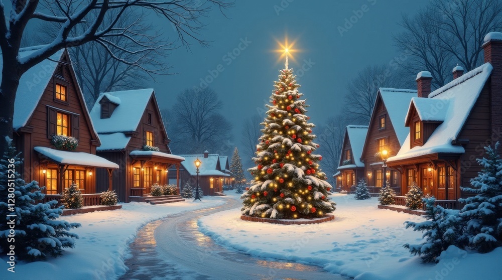 Naklejka premium Snowy Village Square Christmas Tree