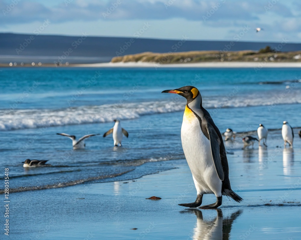 Naklejka premium Big King penguin going to blue water.