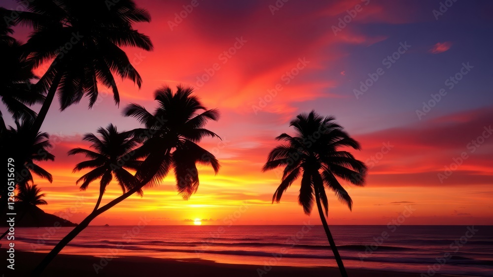 palm trees are silhouetted against the sunset on a beach, 