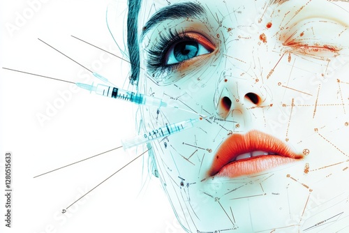 Medical illustration of female face with marked Botox injection points showcasing detailed anatomy for cosmetic procedures. Generative AI photo