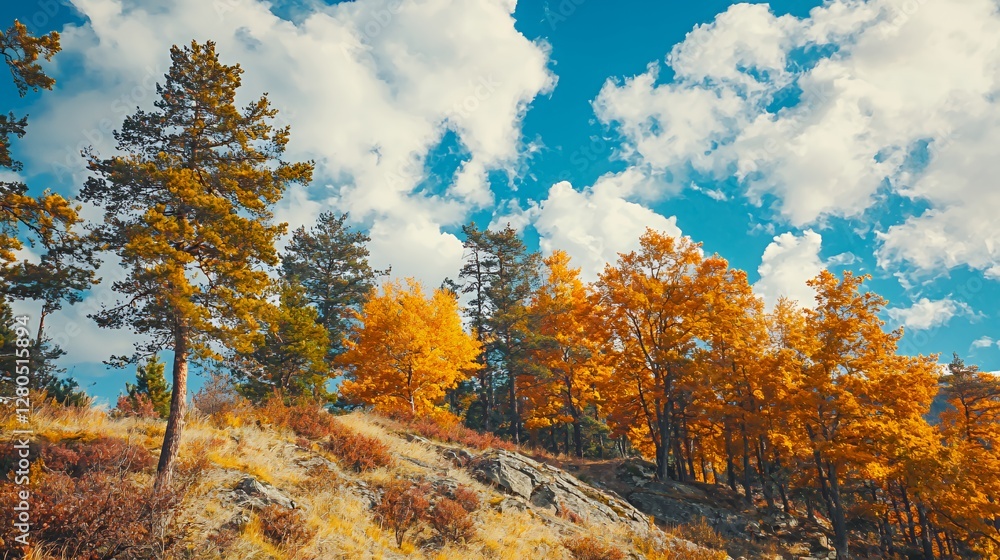 Autumnal Forest Landscape with Golden Trees and Blue Sky Autumnal Forest Landscape with Golden Trees and Blue Sky