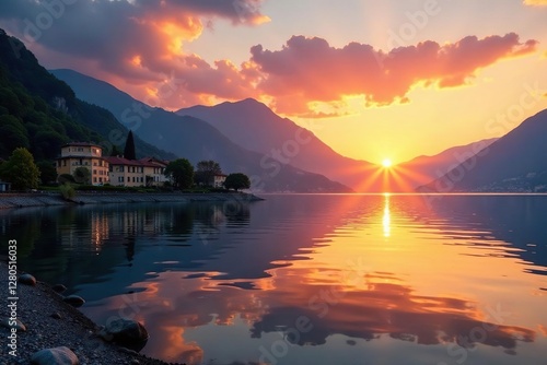 Sunset casts warm glow on lake Maggiore's shore, lakeComo, sky reflection, lakeMaggiore photo