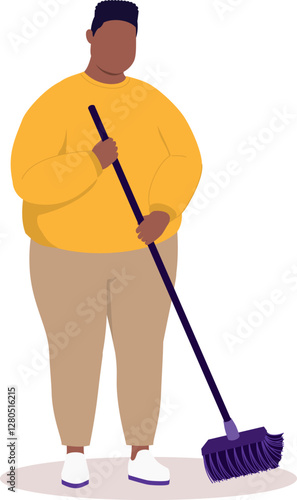 One Plus Size Black Man Sweeping The Floor With A Broom.