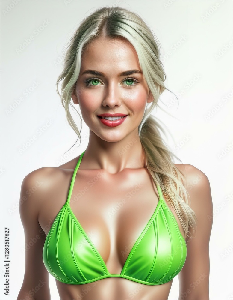 studio portrait of a blonde woman with long hair wearing a green lime lace lingerie underwear bikini on white background, fashion photography
studio portrait of a blonde woman with long hair wearing a green lime lace lingerie underwear bikini on white background, fashion photography