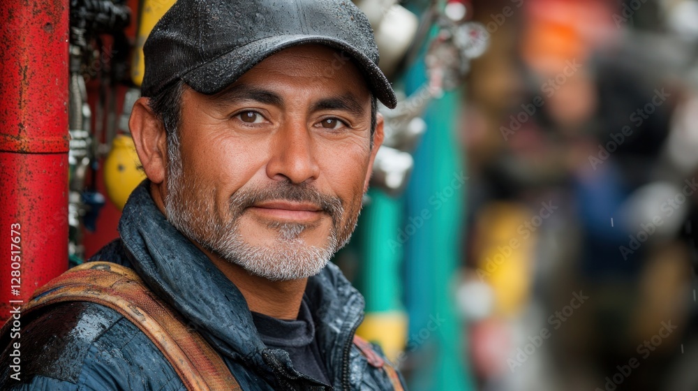 Close-up portrait of a middle-aged man with a serious expression, wearing a cap and work clothes. Close-up portrait of a middle-aged man with a serious expression, wearing a cap and work clothes.