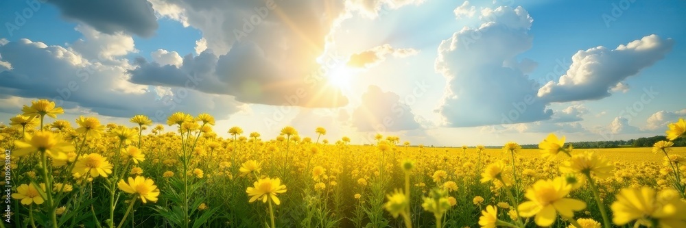 Obraz premium Sunbeams pierce fluffy clouds above vibrant canola blossoms , nature, brassica