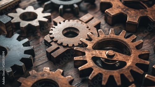 Close-up view of various antique gears arranged on a wooden surface, showcasing intricate designs photo