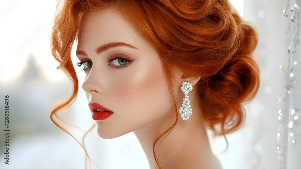 Fototapeta premium A woman with striking red hair and elegant makeup, wearing a pair of sparkling earrings, posed in a soft, blurred background. Concept Red Hair Glamour, Elegant Makeup, Sparkling Earrings