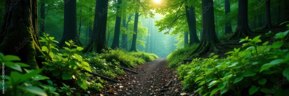 Fototapeta premium Gloomy green forest; narrow trail, decaying logs, Algonquin , rustic, humid