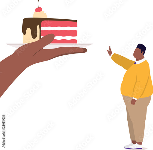 Side View Of An Overweight Black Man Standing In Stop Gesture Refusing A Slice Of A Delicious Cake Offered By Someone.