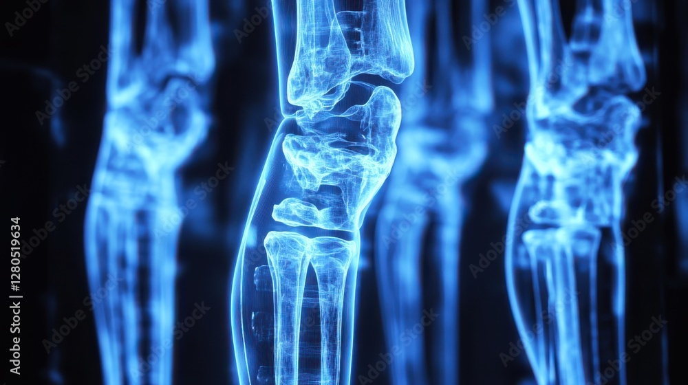 X-Ray Bones: Medical visualization of human skeletal structure in a cool blue hue, emphasizing the intricacies of the bones. X-Ray Bones: Medical visualization of human skeletal structure in a cool blue hue, emphasizing the intricacies of the bones.